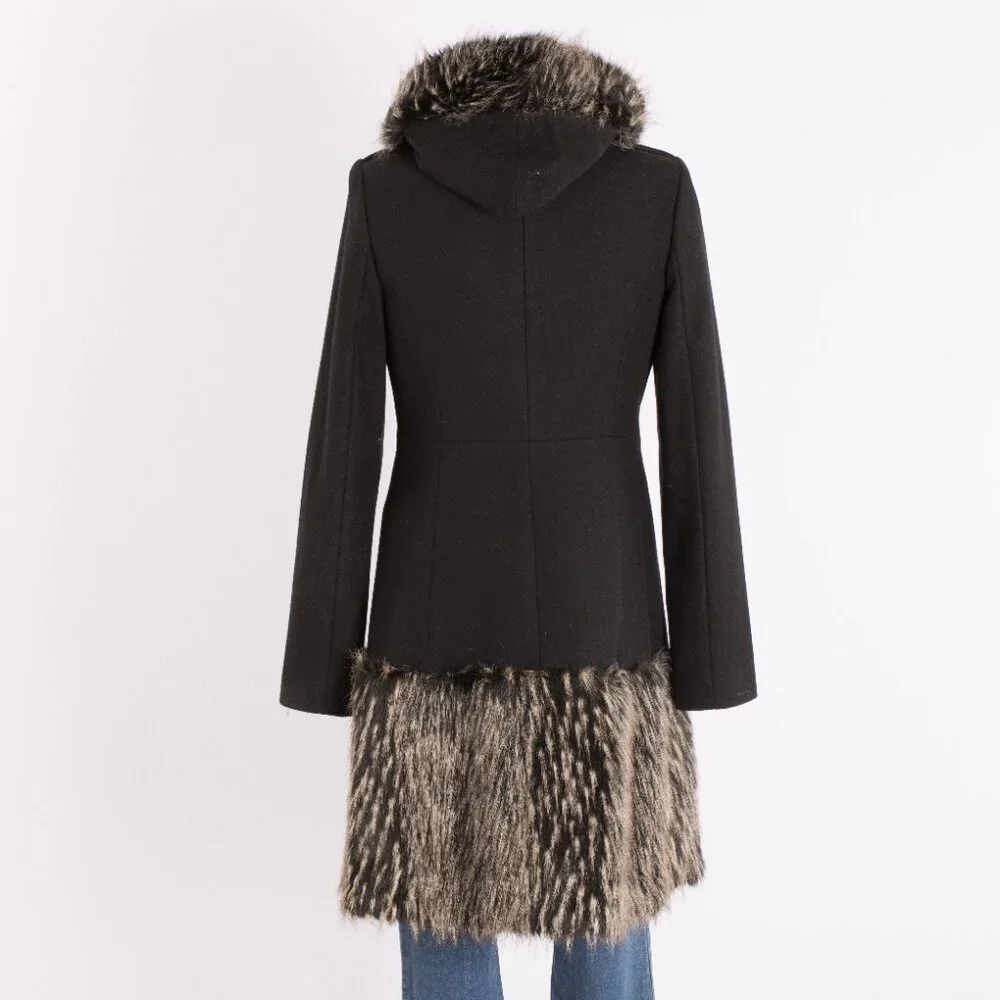 Rachel Zoe Black Wool Military Coat with Faux Fur Trim Size US 8 - Picture 6 of 11